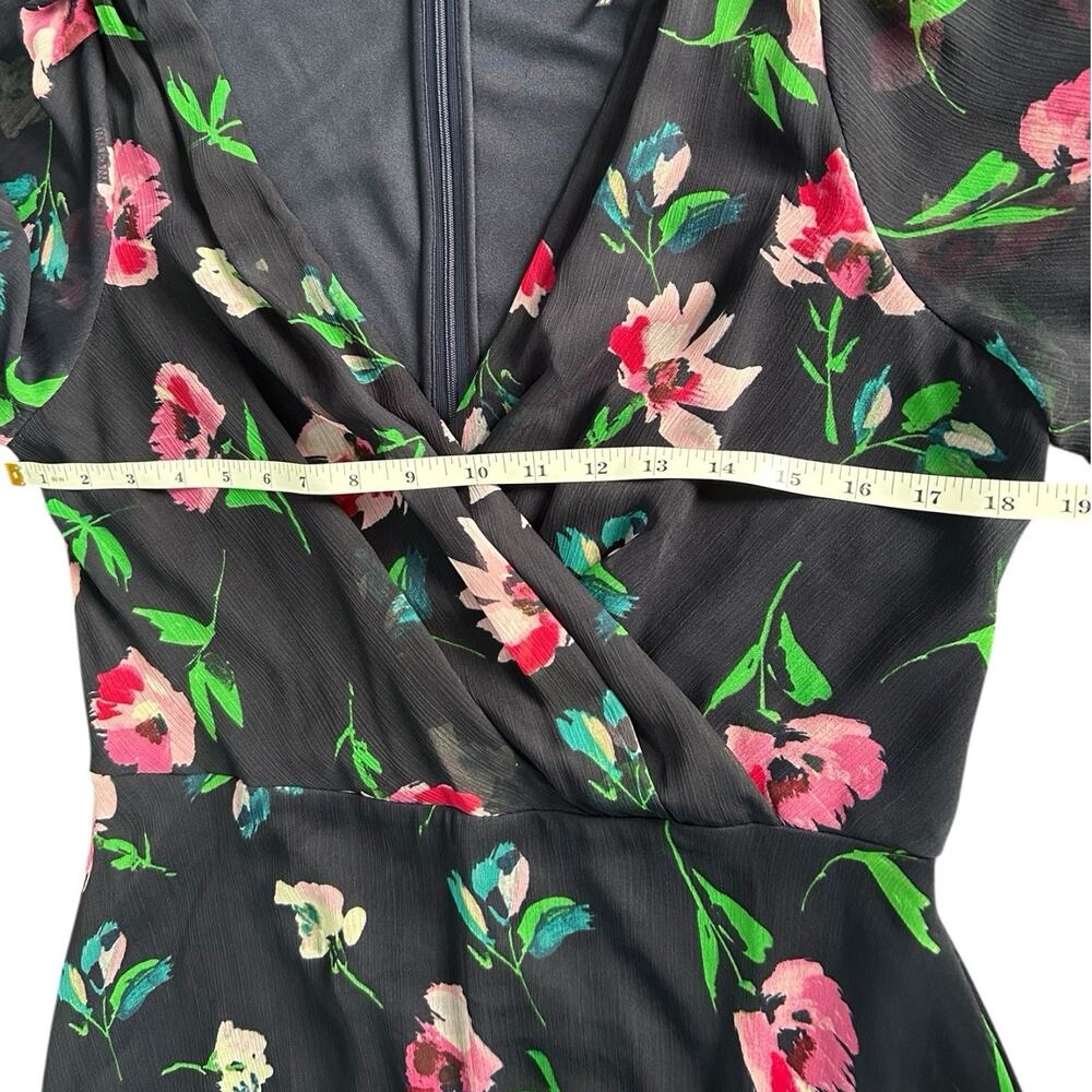 DKNY Navy Blue Floral Chiffon Wrap V-Neck Midi Dress Size 10 Preppy Professional - Picture 8 of 11